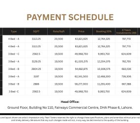 Pearl Towers Askari 11 Lahore Appartments Payment Plan Schedule Downpayment, Instalment, Advance, Total Price